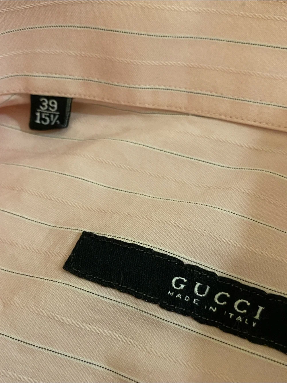 Gucci Pink Striped Long Sleeve Shirt with Black Logo Label.